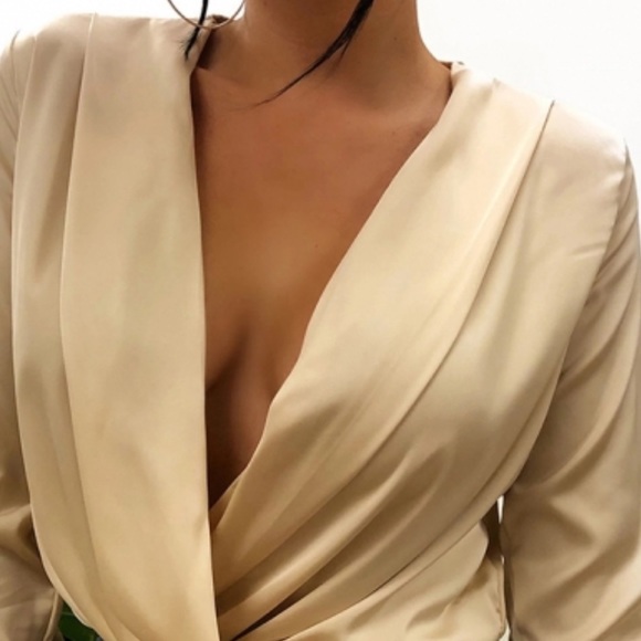 Womens Bodysuit Satin Long Sleeve Regular Fit Surplice Deep V Neck Bodysuit - Picture 8 of 8